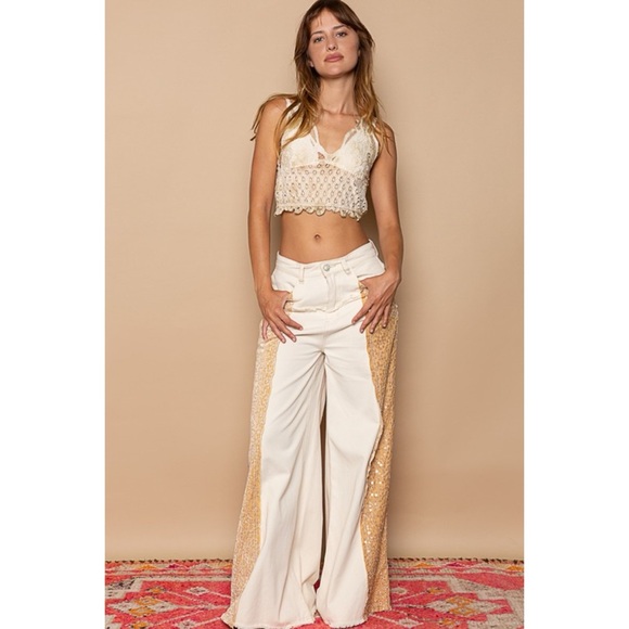 POL Floral Sequin & Velvet Side Stripe Wide Leg Jeans - Picture 7 of 15